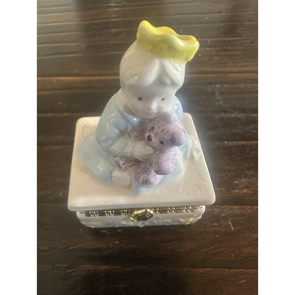 Mud Pie First Curl Hinged Porcelain Trinket Keepsake Box Baby Crown Bear Blue